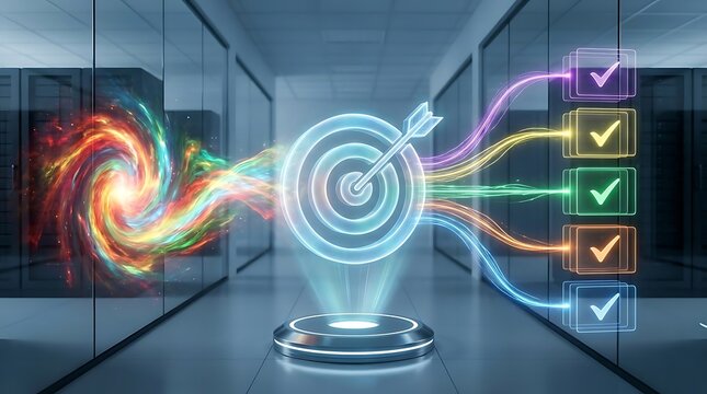 A holographic target in a server room transforming a chaotic energy vortex into organized data lines, symbolizing technological data processing
