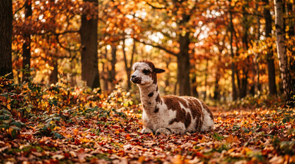 Obraz premium Alpaca autumn forest leaf animal resting brown white Spotted alpaca resting on fallen leaf in autumn forest, warm golden sunlight through tree, peaceful nature scene with soft background bokeh