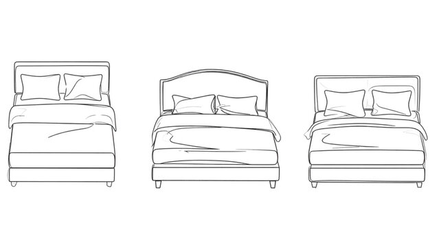 Minimalist line art bed icon set featuring single and double beds with pillows and varying headboards for bedroom, hotel, or accommodation concepts