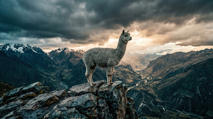 Naklejka premium Alpaca mountain landscape rock summit dramatic sky standing wilderness Andes nature, light gray alpaca standing proudly rocky summit rugged mountain landscape, dramatic storm cloud over valley