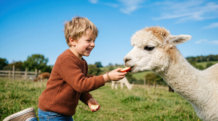 Naklejka premium Alpaca boy child feeding apple farm smiling outdoor pasture animal Young boy smiling while feeding alpaca apple slice rural farm pasture blue sky, playful outdoor animal interaction, family travel