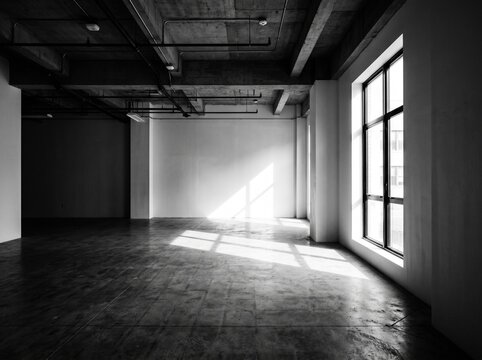 Empty loft space with exposed ductwork and large industrial windows