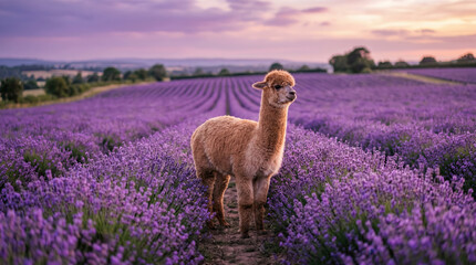 Obraz premium Alpaca lavender field sunset farm countryside purple flower An alpaca standing perfectly still lavender field sunset rural farm, purple flower rows stretching into distance pastel sky