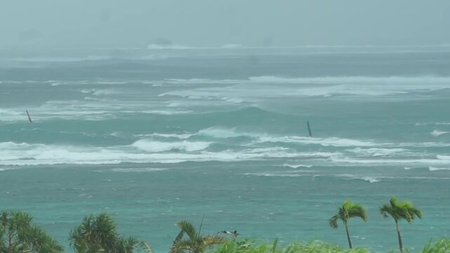 強風にあおられる南国の海と高波