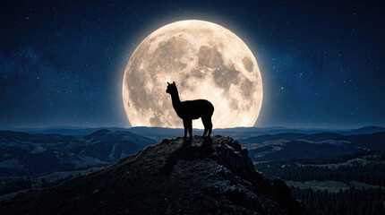 Naklejka premium Alpaca silhouette full moon night sky mountain ridge star dramatic landscape wilderness moonlight nature. Dark alpaca silhouette standing rocky mountain ridge bright full moon, starry night sky