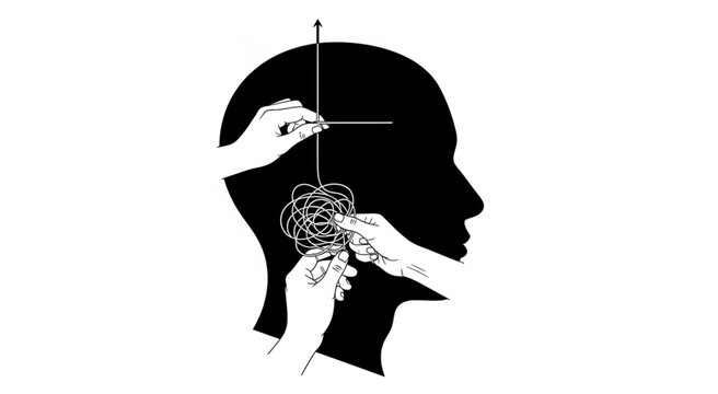 A hand untangles a brain while a bird perches on a measuring line across a human head silhouette.