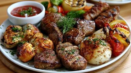 Fototapeta premium A delicious plate of grilled meat and vegetables with a side of sauce