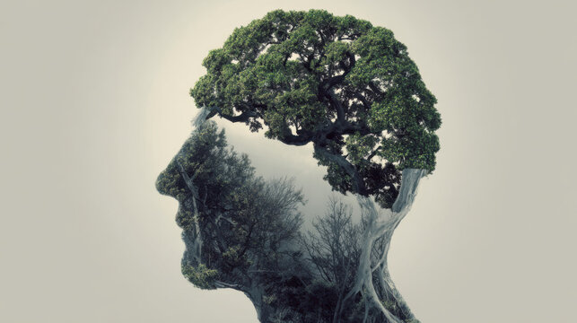 Human head silhouette combining trees and nature elements