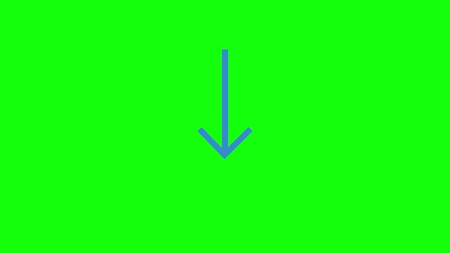 Bright blue downward arrow sliding continuously from top to bottom with smooth motion blur trail. Isolated on vivid green screen, crisp flat vector style, 60fps UI animation.