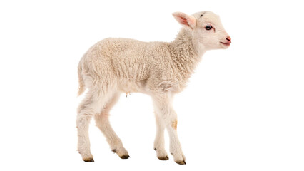 Cute small white lamb sheep standing looking innocent facing right side isolated on transparent background © Arina