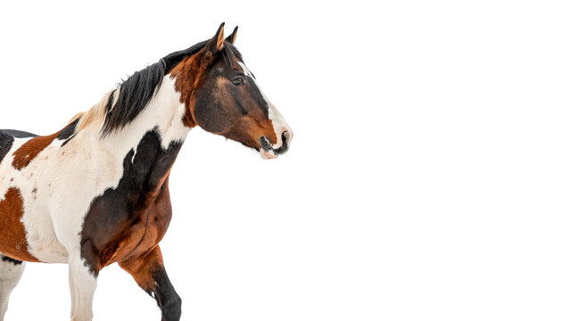 Beautiful pinto piebald horse standing looking majestic facing right side view isolated on transparent background