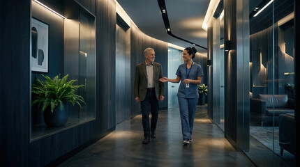Fototapeta premium Patient And Nurse Walking Together In The Modern Hospital Corridor