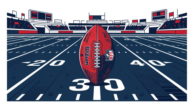 American Football Field with NFL Ball, Stadium Seating, and Yard Lines
