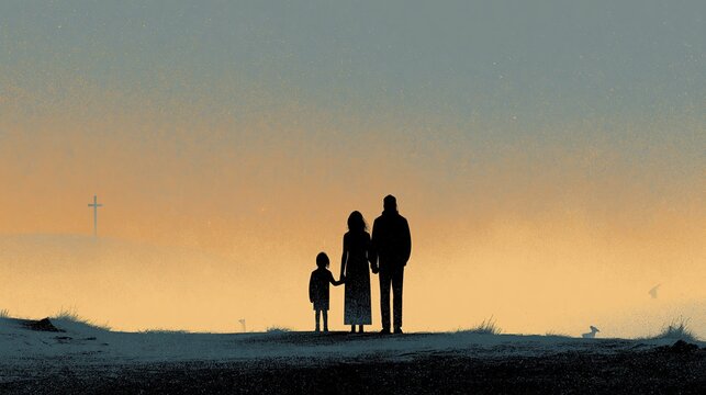 Christian Family Looking Toward Distant Cross