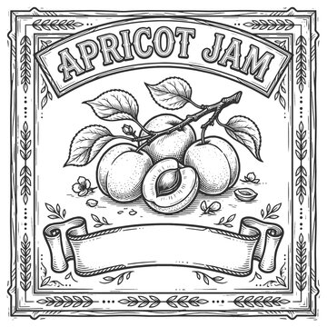 label design featuring apricots, branch leaves, ornate border, and blank ribbon for jam packaging sketch engraving generative ai raster illustration. Scratch board imitation. Black and white image.