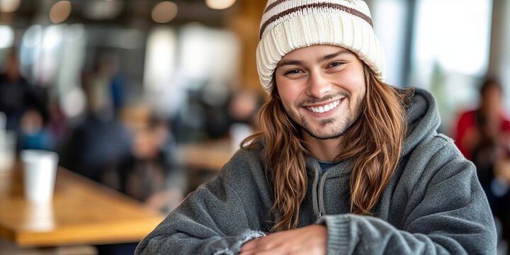 Joyful young adult man wearing a cozy beanie cap, smiling warmly indoors, capturing a relaxed moment