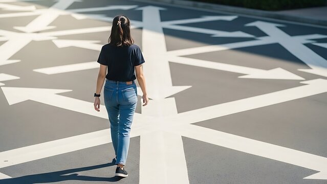 A woman walks toward a path of arrows painted on pavement, indicating multiple directions