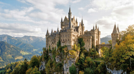 Obraz premium A majestic medieval stone castle with tall spires and turrets perches on a steep mountain cliff, overlooking a lush green valley and misty alpine peaks under a bright cloudy sky.