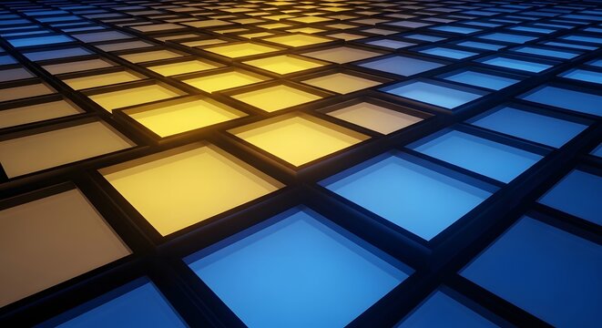 Abstract digital floor with glowing blue and yellow square panels in perspective view.