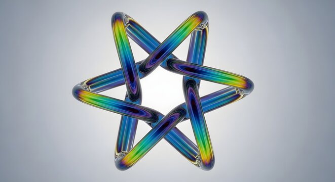 Six pointed star formed by interlocking iridescent glass tubes on grey backdrop.
