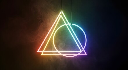 Naklejka premium Abstract geometric triangle and circle neon glowing light frame surrounded by thick dark smoke.