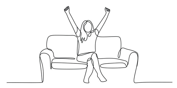 Happy girl sitting on a couch with arms raised in a continuous single line drawing