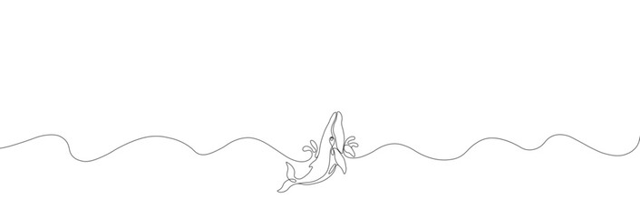 Minimalist continuous line art vector of a whale breaching ocean waves, simple black line drawing on white background. © โยธิน ทุมจีน