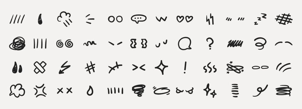 Hand drawn line vector anime elements. Fun cartoon manga graphic. Emoticon drawing. Motion  sketch.