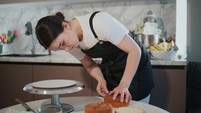Woman in black apron carefully slices a golden cake on a round table. She leans forward with focused attention, revealing the moist interior. The modern kitchen features marble countertops