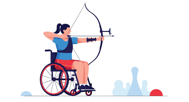 Determined male athlete in a wheelchair focusing while aiming a bow and arrow during a professional archery competition.