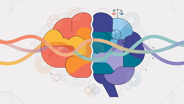 Abstract vector illustration of mental balance, a human brain divided into warm and cool color sections with flowing lines