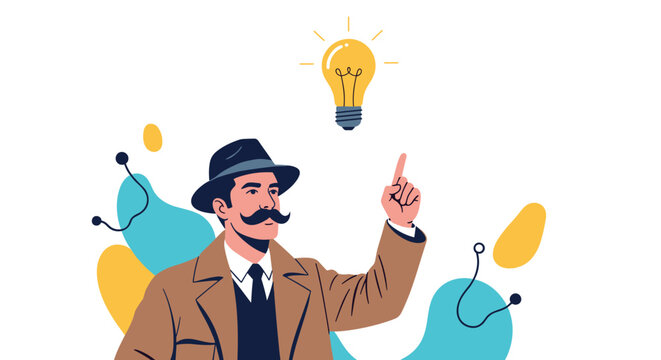 Sophisticated man in a hat and coat pointing his finger at a glowing yellow light bulb representing a great idea or discovery.