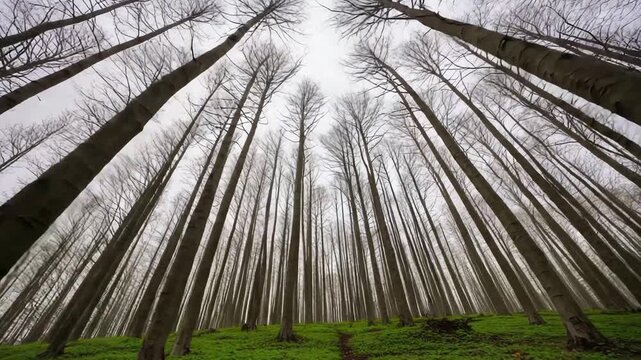 Looking up through tall bare trees in a forest on a cloudy day