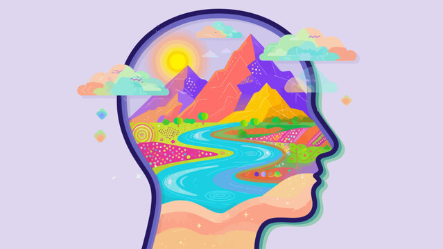 Vector illustration of a human mind as a colorful landscape