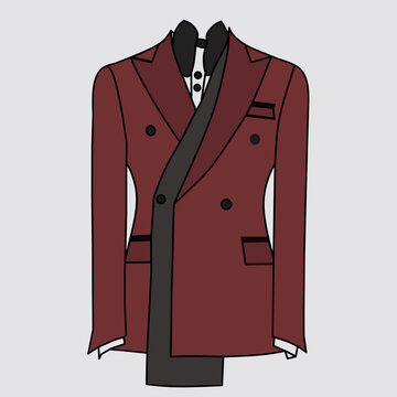 Portrait of a dark red tuxedo with a dark red bow tie against a white background.