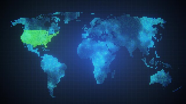 Seamless loop global world map with green USA in blue technology background
