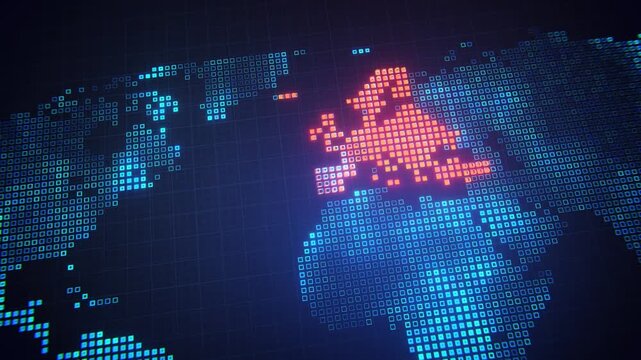 World map with bright Europe digital business background loop