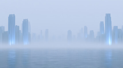 Fototapeta premium Misty Blue Digital Cityscape with Water Reflection, Urban Future and Smart Tech Concept 