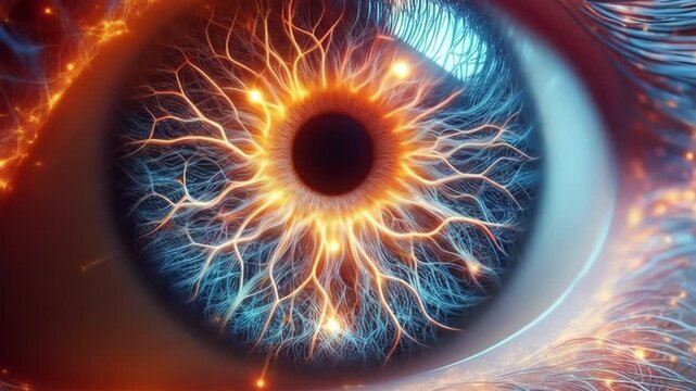 Close-up Iris Scan with Digital Neural Network and Glowing Technology Effect