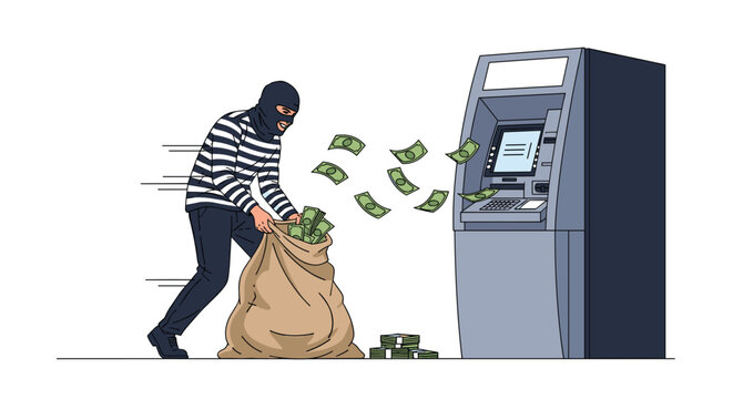 Burglar in a striped shirt and mask stealing paper banknotes from an automated teller machine and putting them in a sack.