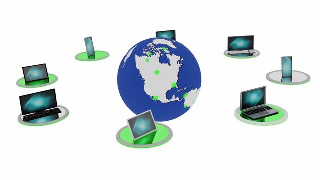 Globo digitale circondato da laptop, smartphone e computer connessi. Concetto di rete globale, cloud computing, infrastrutture IT e comunicazione digitale.