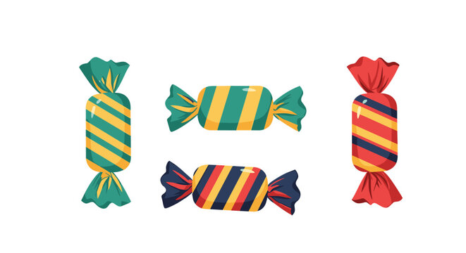 Set of four colorful hard candies in striped paper wrappers with different patterns and colors on a white background.