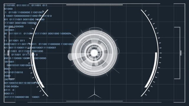 Illustrazione digitale con interfaccia circolare e sfondo di codice binario. Concetto di cybersecurity, intelligenza artificiale, analisi dati e tecnologia futuristica