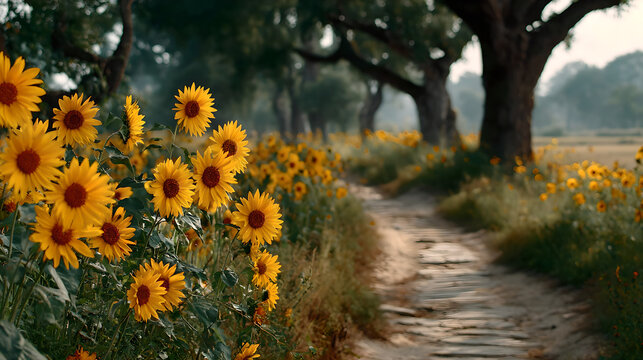 Sunflowers swaying in a field during golden hour, nature scene. gardening catalogs, home-decor guides, designed for home decor and floral branding and gardening and botanical catalogs.adulteration.