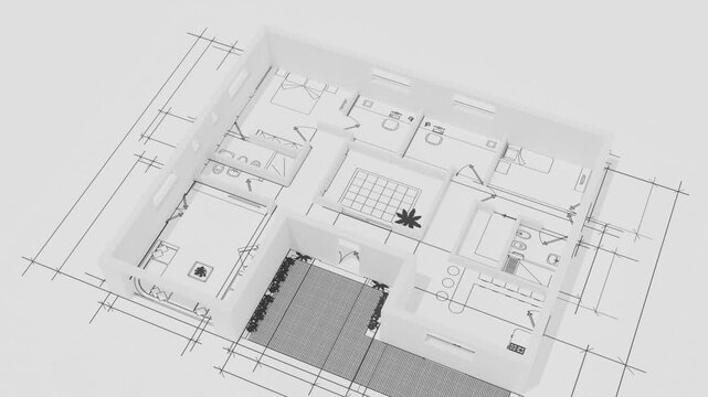 Progetto progressivo di costruzione e ristrutturazione di casa. Architettura, disposizione e configurazione delle stanze e dell'arredamento di moderna abitazione. Disegno e progetto spazio abitativo.