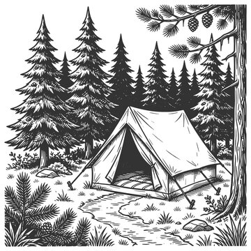 camping with tent, campfire, pine forest, logs, kettle, and peaceful wilderness scenery sketch engraving generative ai raster illustration. Scratch board imitation. Black and white image.