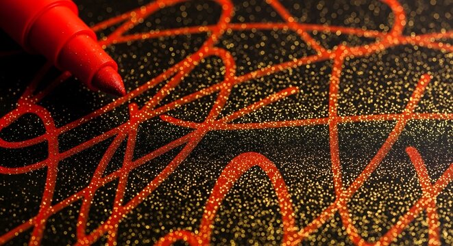Macro view of red marker pen drawing messy lines on black glitter paper with sparkling gold dust background.