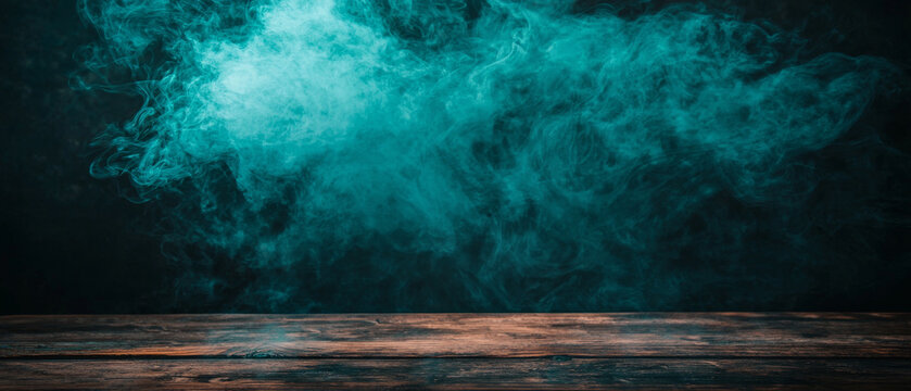 Vibrant teal smoke swirls and illuminates a dark background, rising above a textured, rustic wooden surface in the foreground