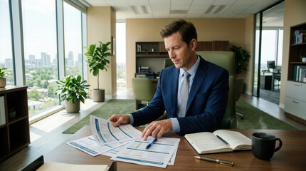 Obraz premium Professional Business Executive Analyzing Documents In Modern Office Environment