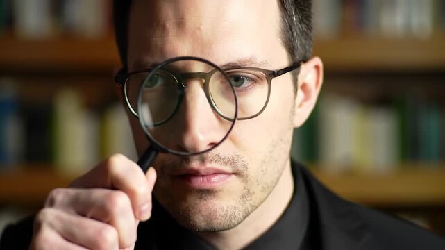 Man wearing glasses holding a magnifying glass to his eye for close inspection in a library